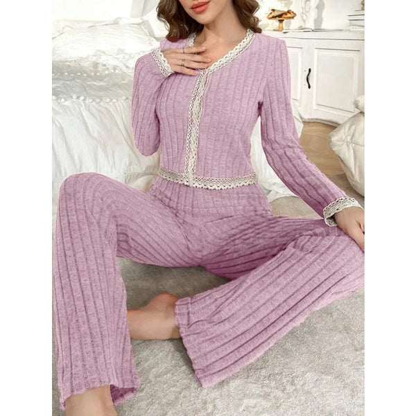 طقم بجامة من الدانتيل بأكمام طويلة ومريحة لنوم