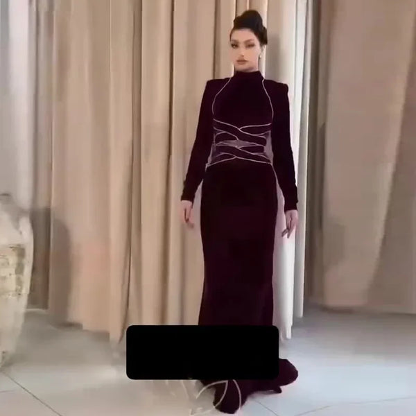 فستان مخمل انيق بتصميم اوروبي متقاطع الحواف برقة دائرية